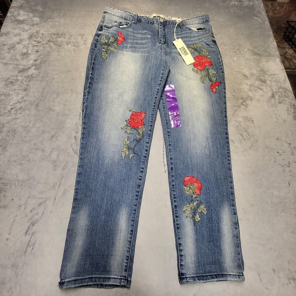 Vintage America Blues Jeans Womens 16 Blue Boyfriend Gratia Floral Embroidered